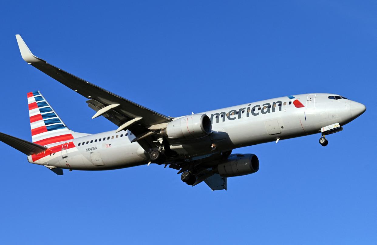 An American Airlines plane approaches the runway at Ronald Reagan Washington National Airport (DCA) in Arlington, Virginia, on April 2, 2022.