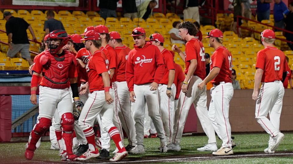 The Beechwood Tigers celebrate their 4-2 win over Dixie Heights in the Ninth Region semifinals at Thomas More Stadium on May 22, 2023.