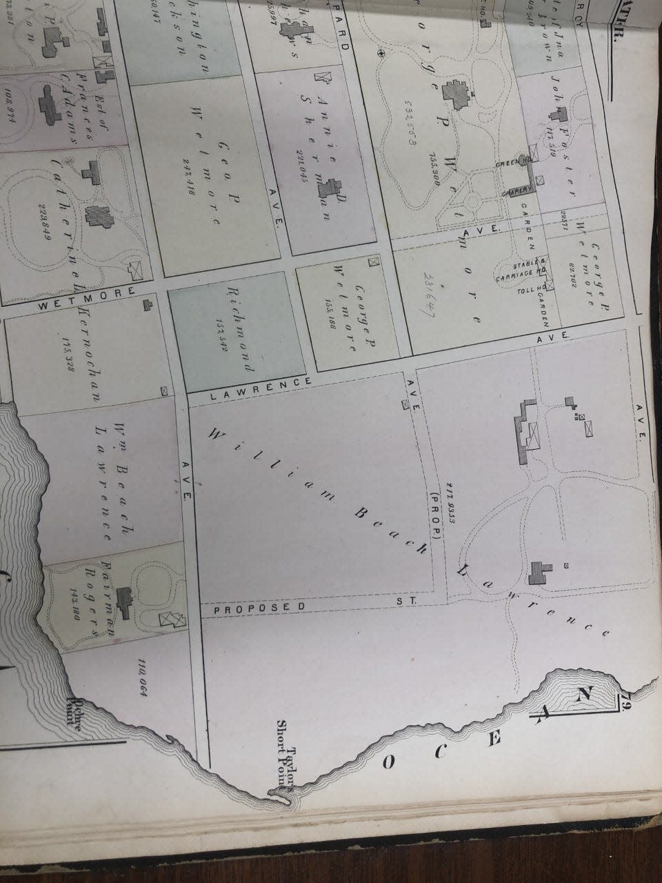 A section from an 1878 atlas depicting the area around modern-day Salve Regina University and The Breakers mansion.