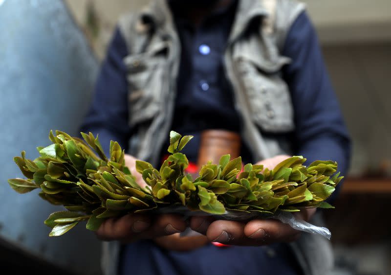 Customer shows qat, a mild stimulant, amid concerns of the spread of the coronavirus disease (COVID-19) at a qat market in Sanaa