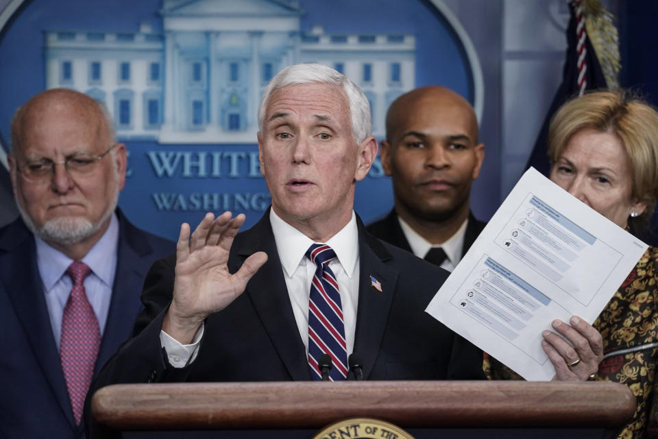 Vice President Mike Pence in a press briefing on the coronavirus. (Photo: Drew Angerer via Getty Images)