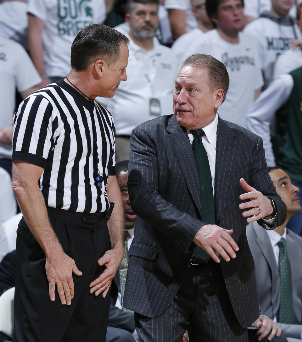 Michigan State coach Tom Izzo has words with a referee during the first half of the team's NCAA college basketball game against Michigan, Saturday, March 9, 2019, in East Lansing, Mich. (AP Photo/Al Goldis)