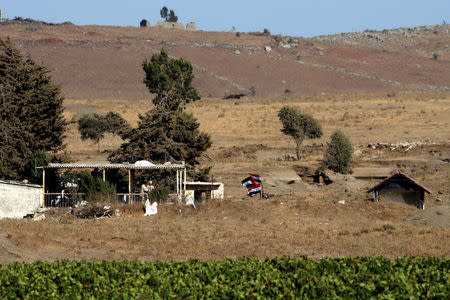 Uniformed men chat next to Syrian and Ba'ath Party flags in Quneitra, on the Syrian side of the ceasefire line between Israel and Syria, as seen from the Israeli-occupied Golan Heights, July 26, 2018. REUTERS/Ammar Awad