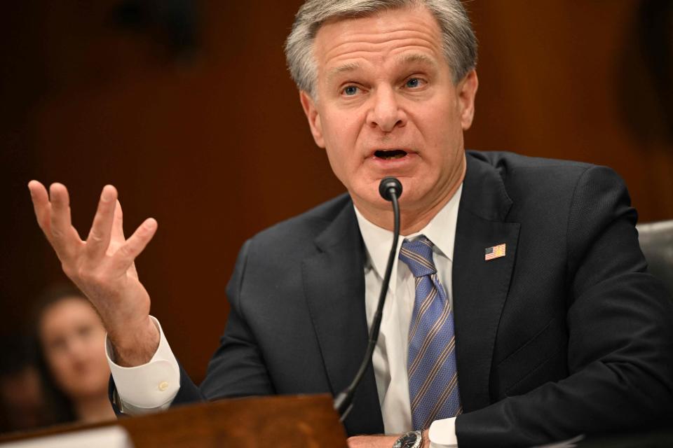 FBI Director Christopher Wray testifies during a Senate Homeland Security and Government Affairs Committee hearing on Capitol Hill in Washington, DC, on October 31, 2023.