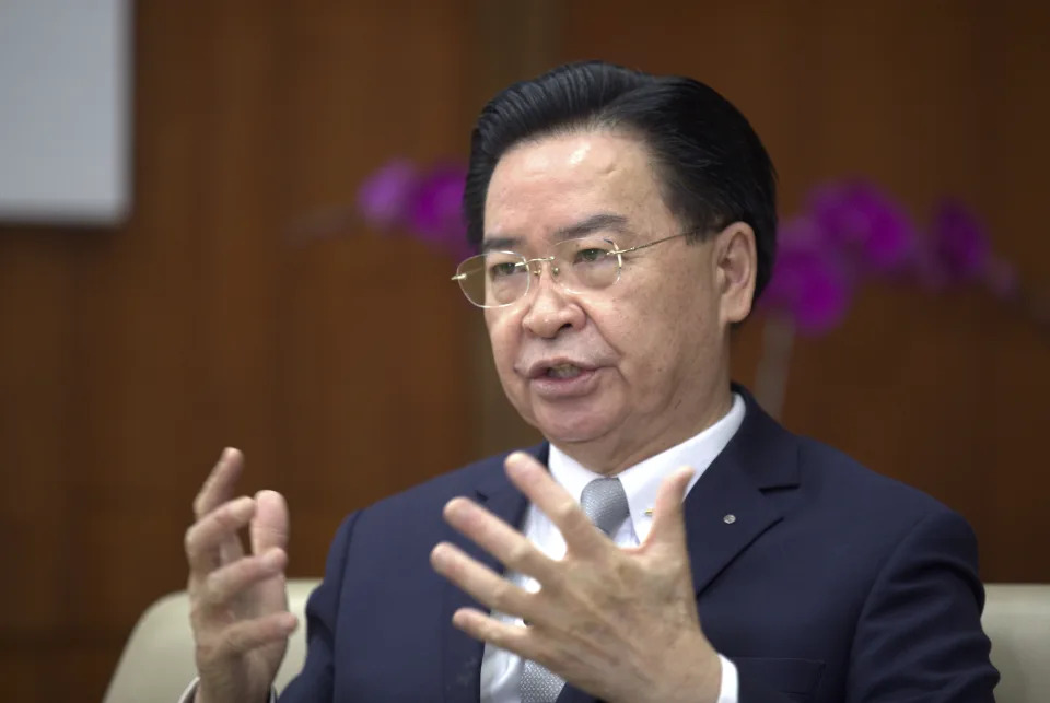 Taiwanese Foreign Minister Joseph Wu speaks during an interview with The Associated Press at his ministry in Taipei, Taiwan, Friday, May 17, 2024. (AP Photo/Chiang Ying-ying)