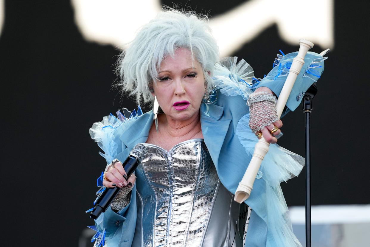 Cyndi Lauper performs during the Glastonbury Festival in Worthy Farm, Somerset, England, Saturday, June 29, 2024. (Scott A Garfitt/Invision/AP)