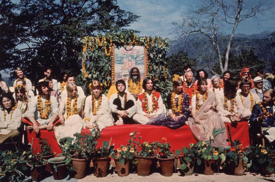 The holy man with the band members and their partners near Rishikesh in 1968. Ringo Starr and his wife, Maureen, left the planned three-month trip early because they couldn’t stand the food and mosquitoes: Getty