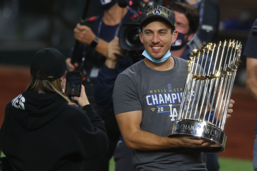 ARLINGTON, TEXAS - OCTOBER 27: Austin Barnes #15 of the Los Angeles Dodgers celebrates.