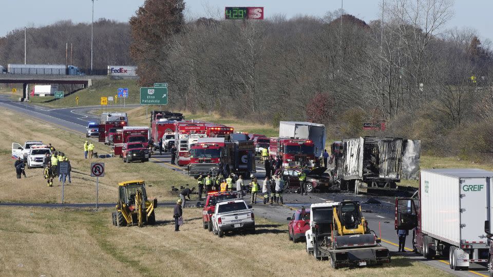 Scene of the fatal five-vehicle crash Tuesday morning on Interstate 70 near Columbus, Ohio. - Barbara Perenic/The Columbus Dispatch/AP