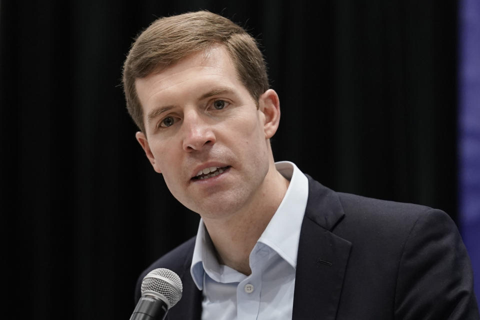 FILE - U.S. Senate candidate Rep. Conor Lamb, D-Pa., speaks during a meeting of the Pennsylvania Democratic Party State Committee in Harrisburg, Pa., Saturday, Jan. 29, 2022. The Leading candidates for the Democratic nomination for Pennsylvania's open U.S. Senate seat are scheduled Thursday, April 21, 2022 to meet for their first live-televised prime-time debate in a race that is perhaps the party's best opportunity to pick up a seat in the closely divided chamber. (AP Photo/Matt Rourke, File)