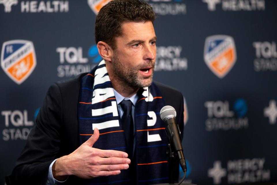 FC Cincinnnati head coach Pat Noonan speaks during a press conference announcing him as the new head coach of FC Cincinnati on Tuesday, Dec. 14, 2021. Noonan is a former assistant coach of the Philadelphia Union, where he coached from 2018 to 2021. 