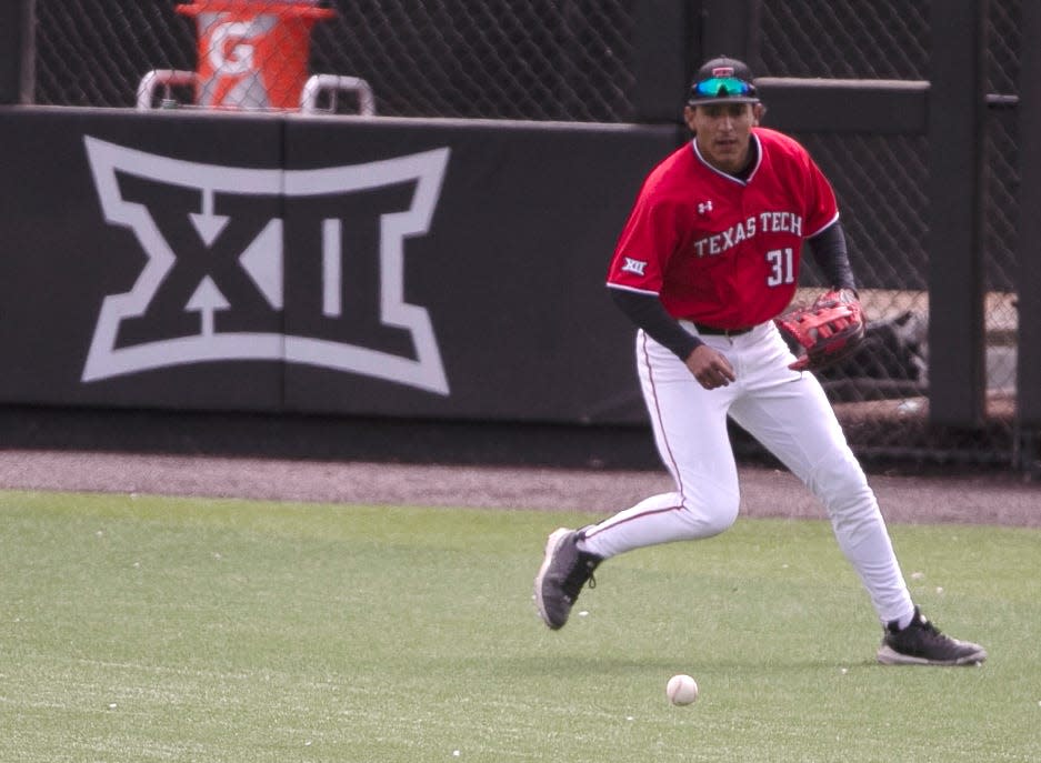 Texas Tech left fielder Damian Bravo (31) leads NCAA Division I in doubles with 14 and leads the Big 12 in batting average (.471), hits (32), runs batted in (29) and runs (27).