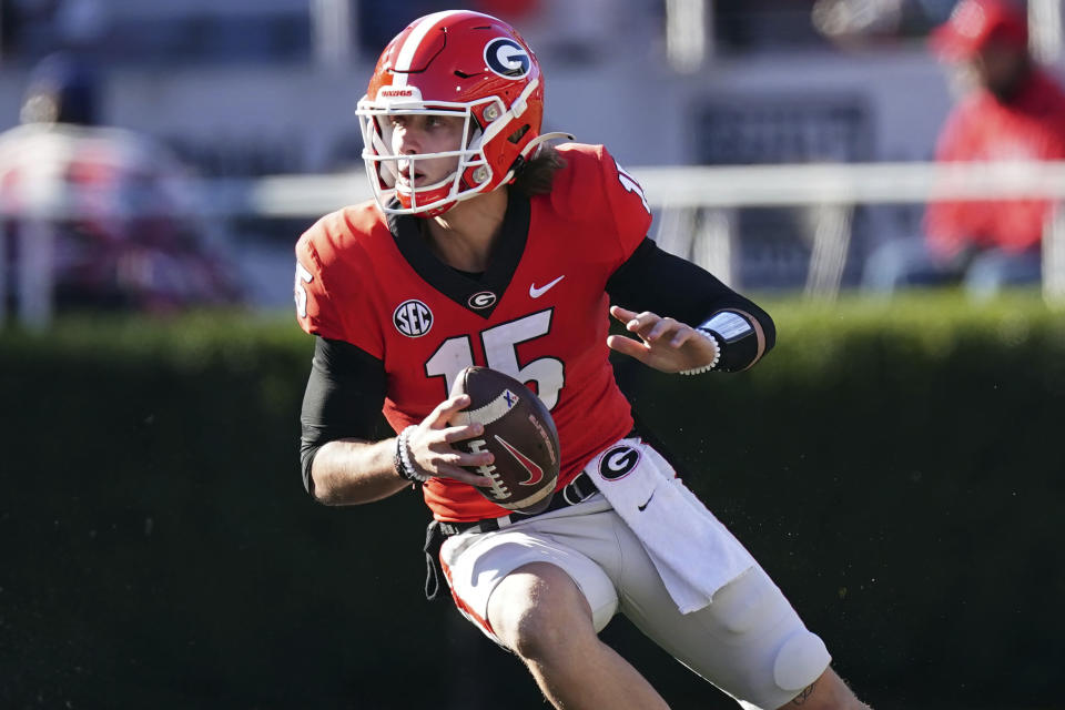 FILE - Georgia quarterback Carson Beck (15) is shown in action against Charleston Southern during an NCAA college football game Saturday, Nov. 20, 2021, in Athens, Ga. Georgia opens their season at home against Tennessee-Martin on Sept. 2. (AP Photo/John Bazemore, File)