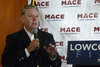 U.S. Sen. Lindsey Graham speaks at a campaign event for U.S. House candidate Nancy Mace on Monday, Sept. 21, 2020, in North Charleston, S.C. (AP Photo/Meg Kinnard)