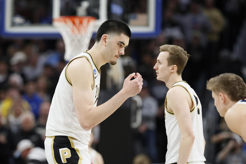 Purdue center Zach Edey walks off the court after a play during the first half of a Sweet 16 college basketball game against Gonzaga in the NCAA Tournament, Friday, March 29, 2024, in Detroit. (AP Photo/Duane Burleson)