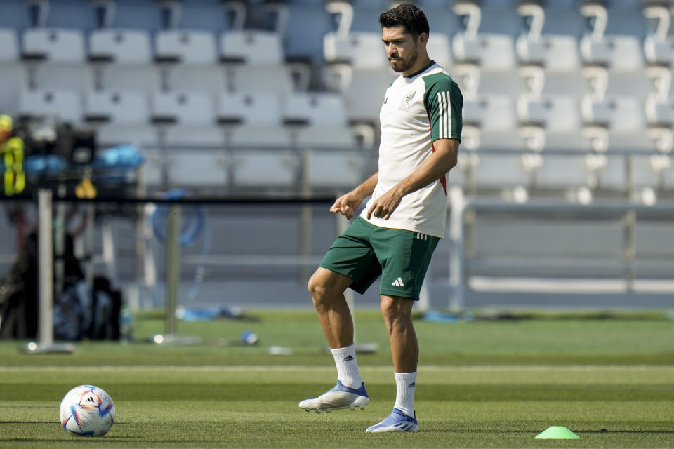 Henry Martin attends the Mexico official training on the eve of the group C World Cup soccer match between Argentina and Mexico, in Jor , Qatar, Friday, Nov. 25, 2022. (AP Photo/Moises Castillo)