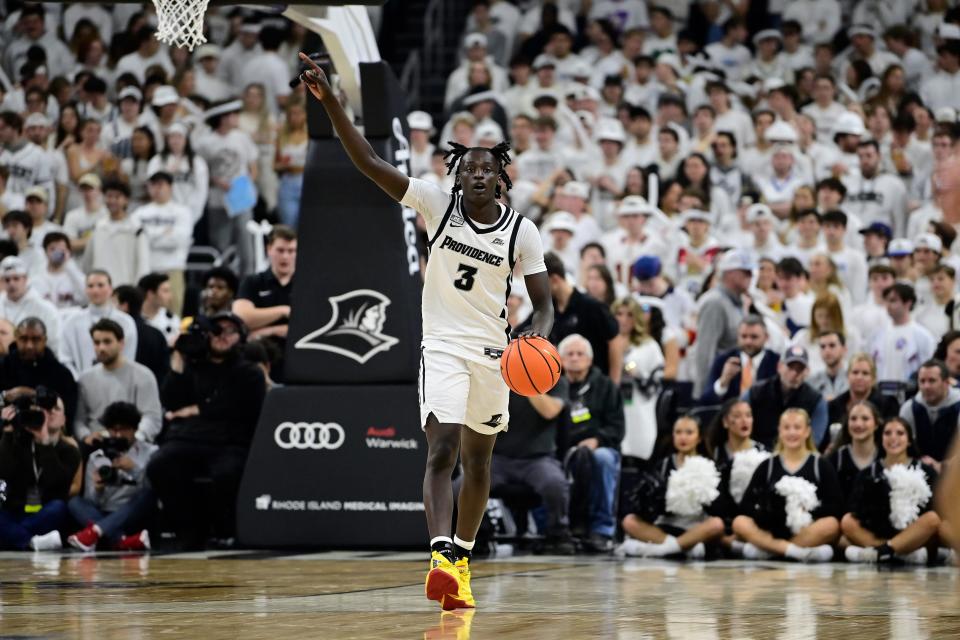 Nov 14, 2023; Providence, Rhode Island, USA; Providence Friars guard Garwey Dual (3) directs teammates during the first half against the Wisconsin Badgers at Amica Mutual Pavilion.