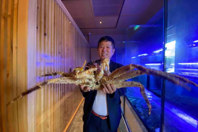 王俊華經營的覓奇頂級火鍋店，提供來自日本活跳跳的超大隻帝王蟹。（圖/徐炳文攝）