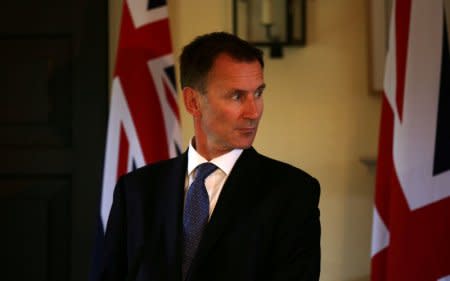 FILE PHOTO: Britain's Foreign Secretary Jeremy Hunt gives a press conference at the Royal Botanic Garden in Edinburgh, Scotland July 20, 2018. David Cheskin/Pool via Reuters/File Photo