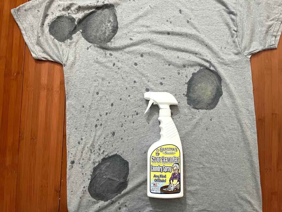 Grandma's Spot Remover on three stains on a gray shirt