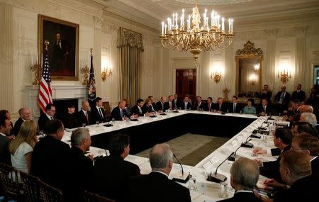 U.S. President Donald Trump holds a meeting with manufacturing CEOs in the State Dining Room of the White House in Washington, DC, U.S. February 23, 2017. REUTERS/Kevin Lamarque