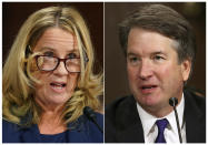 In this combination photo, Christine Blasey Ford, left, and U.S. Supreme Court appointee Brett Kavanaugh testify before the Senate Judiciary Committee on Capitol Hill in Washington, Thursday, Sept. 27, 2018. Americans watched on phones, laptops and any available screen as Kavanaugh and Blasey Ford spoke. (AP Photo)