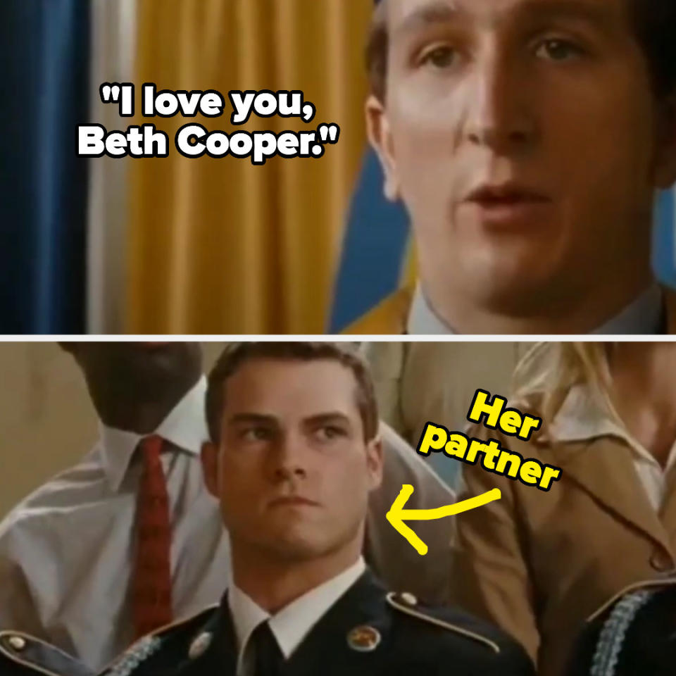 character saying, i love you beth cooper while beth's partner stands nearby