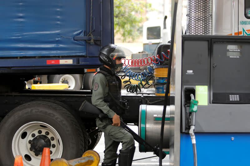 FILE PHOTO: Venezuelan truckers wait in long lines for fuel amid diesel shortages