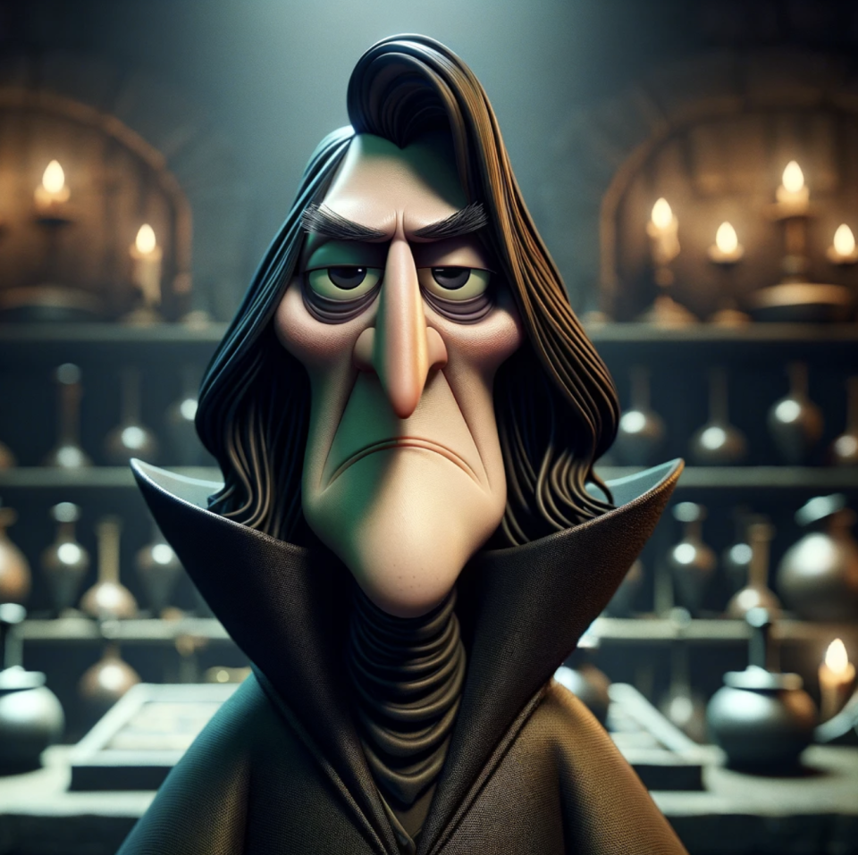 Animated character Severus Snape from "Harry Potter" series depicted in a stylized 3D illustration, standing in the Potions classroom