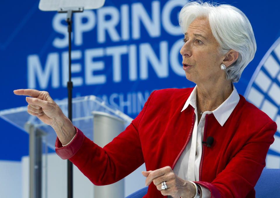 International Monetary Fund (IMF) Managing Director Christine Lagarde speaks during One-on-One talk Balancing Nature and the Global Economy, at the World Bank/IMF Spring Meetings in Washington, Thursday, April 11, 2019. (AP Photo/Jose Luis Magana)