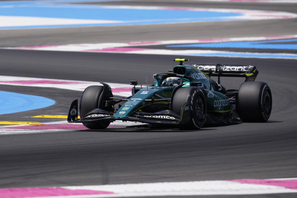 Aston Martin driver Sebastian Vettel of Germany steers his car during the third practice session for the French Formula One Grand Prix at Paul Ricard racetrack in Le Castellet, southern France, Saturday, July 23, 2022. The French Grand Prix will be held on Sunday. (AP Photo/Manu Fernandez)