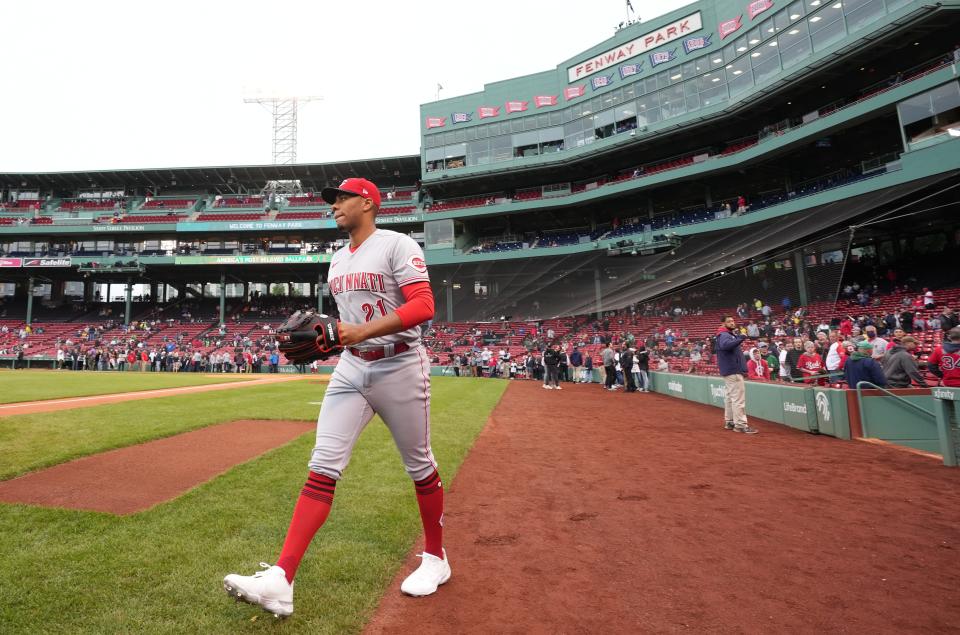 Jun 1, 2022; Boston, Massachusetts, USA; Cincinnati Reds starting pitcher Hunter Greene (21) makes is way onto the field to warmup before the start of the game against the Boston Red Sox at Fenway Park.