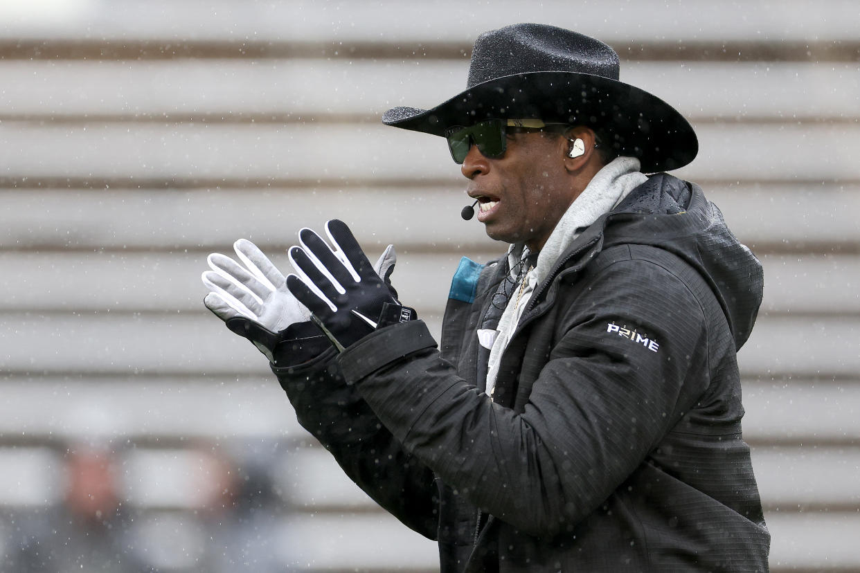 BOULDER, COLORADO - APRIL 27: Head coach Deion Sanders of the Colorado Buffaloes watches as his team plays their spring game at Folsom Field on April 27, 2024 in Boulder, Colorado.  (Photo by Matthew Stockman/Getty Images)