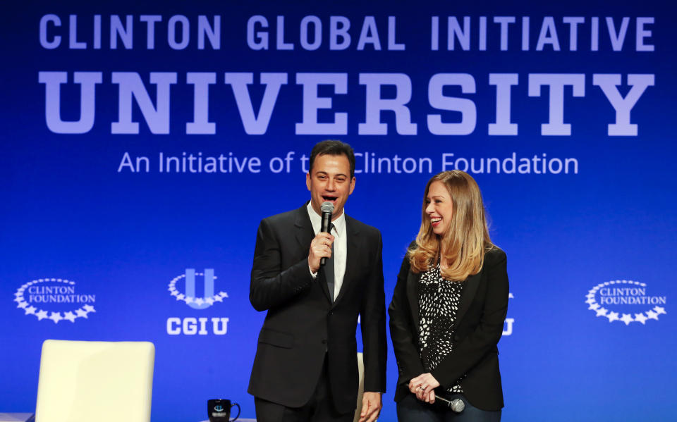 Talk show host Jimmy Kimmel, left, and Vice Chair of the Clinton Foundation Chelsea Clinton speak during a student conference for the Clinton Global Initiative University, Saturday, March 22, 2014, at Arizona State University in Tempe, Ariz. More than 1,000 college students are gathered at Arizona State University this weekend as part of the Clinton Global Initiative University's efforts to advance solutions to pressing world challenges. (AP Photo/Matt York)