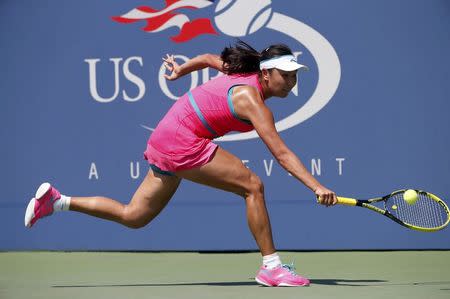 Peng Shuai of China hits a return to Agnieszka Radwanska of Poland during their match at the 2014 U.S. Open tennis tournament in New York, August 27, 2014. REUTERS/Mike Segar