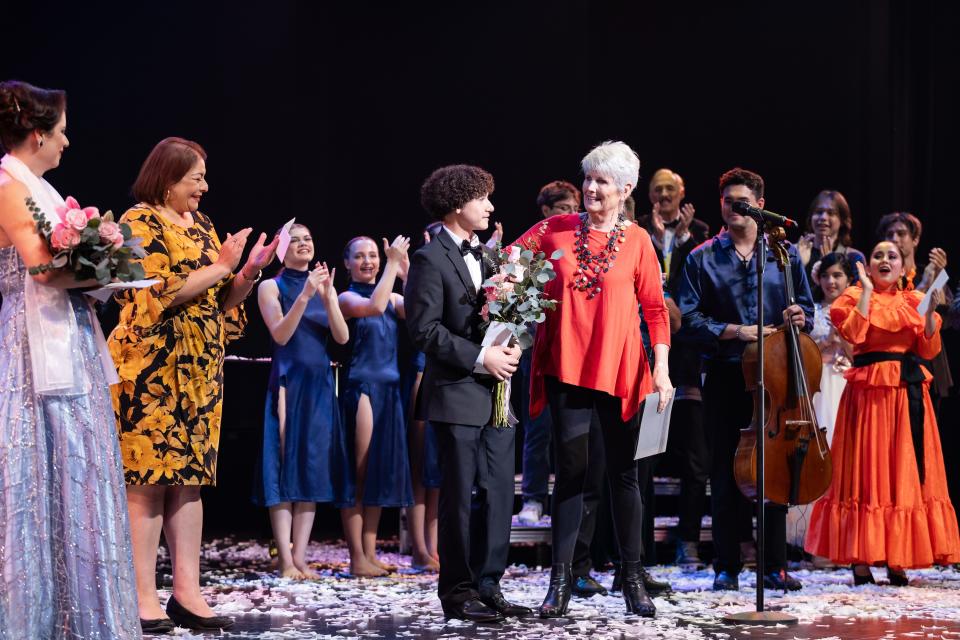 Richard Caldera is awarded the grand prize from Lucie Arnaz at the McCallum Theatre's annual Open Call Talent Project on April 21, 2024.