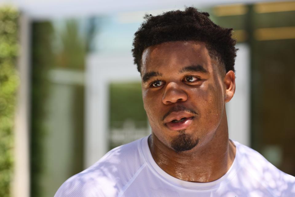 Miami Dolphins linebacker Chop Robinson (44) speaks to reporters June 4, 2024, during mandatory minicamp at Baptist Health Training Complex in Miami Gardens, Florida. Mandatory Credit: Sam Navarro-USA TODAY Sports