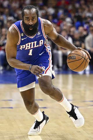 <p>David Dow/NBAE via Getty</p> James Harden #1 of the Philadelphia 76ers goes to the basket during the game during round two game six of the 2023 NBA Playoffs on on May 11, 2023.