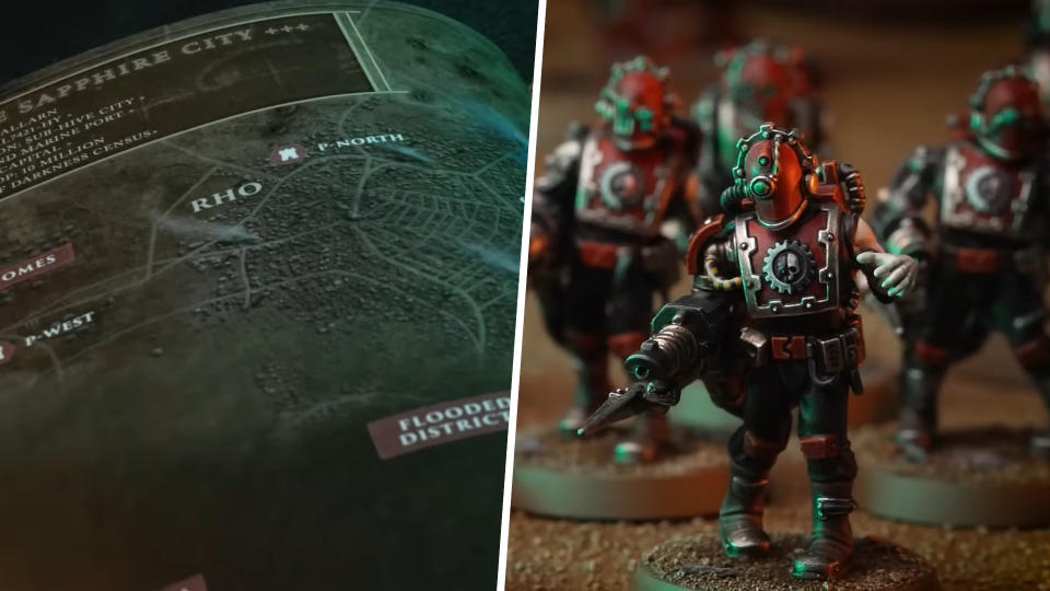 Pages from a Legions Imperialis rulebook alongside Mechanicum Tech-thralls marching forward