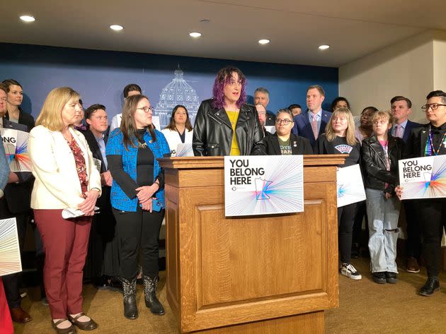 Minnesota state Rep. Leigh Finke (D) speaks at a news conference on March 23. Minnesota is moving to strengthen the state’s protections for children and their families who come for gender-affirming care by making itself a “trans refuge state.”