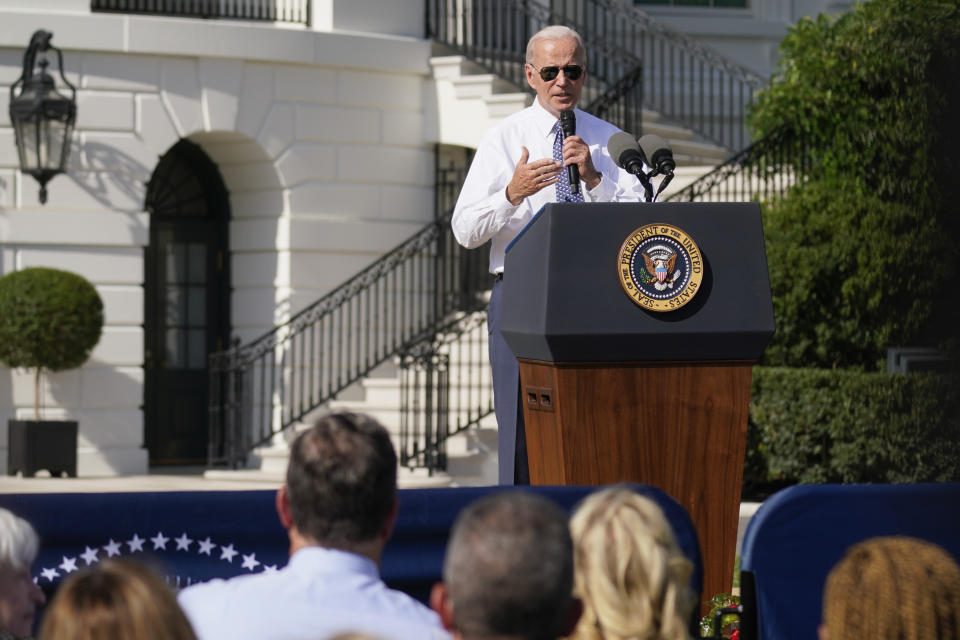 President Joe Biden speaks about the Inflation Reduction Act of 2022 during a ceremony on the South Lawn of the White House in Washington, Tuesday, Sept. 13, 2022. (AP Photo/Andrew Harnik)