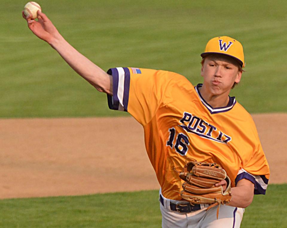 Watertown Post 17 pitcher Mitch Olson throws to the plate during a baseball doubleheader against West Fargo (N.D.) on Thursday, May 18, 2023 at Watertown Stadium.