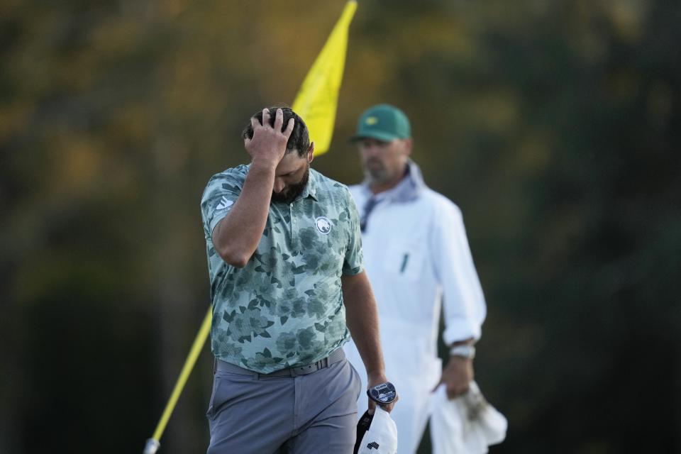 Jon Rahm, of Spain, reacts after his second round at the Masters golf tournament at Augusta National Golf Club Friday, April 12, 2024, in Augusta, Ga. (AP Photo/Ashley Landis)