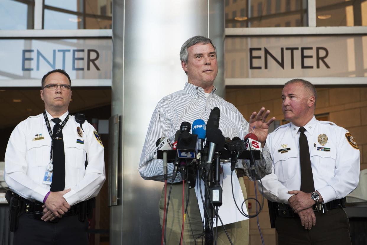 St. Louis County Prosecuting Attorney Robert McCulloch announces an arrest in connection with the shooting of two police officers in Ferguson. (Kate Munsch/Reuters)