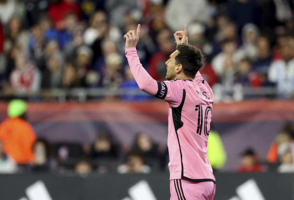 Inter Miami forward Lionel Messi reacts after scoring in the first half of an MLS soccer match against the New England Revolution, Saturday, April 27, 2024, in Foxborough, Mass. (AP Photo/Mark Stockwell)