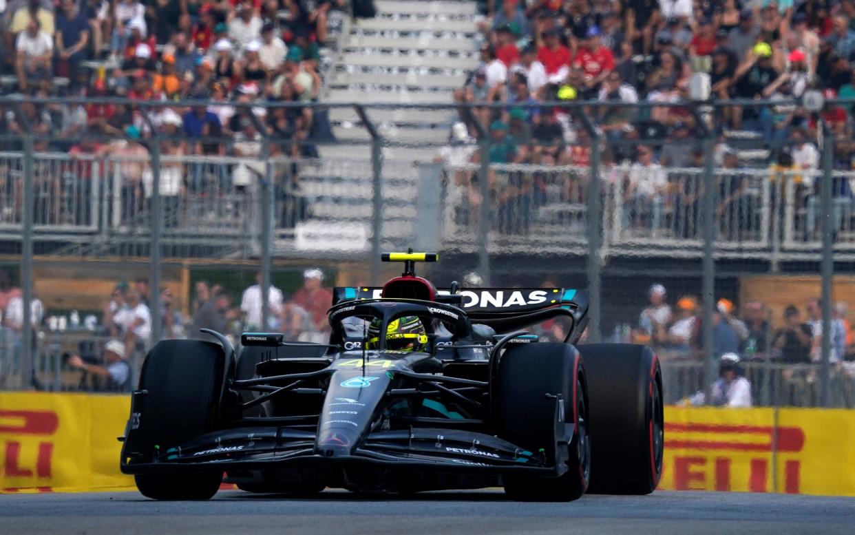 Mercedes' British driver Lewis Hamilton races during the second practice session for the 2023 Canada Formula One Grand Prix at Circuit Gilles-Villeneuve in Montreal, Canada, on June 16, 2023. Hamilton topped the times ahead of Mercedes teammate George Russell in Friday's delayed and rain-curtailed practice for this weekend's Canadian Grand Prix. (Photo by TIMOTHY A. CLARY / AFP) (Photo by TIMOTHY A. CLARY/AFP via Getty Images)