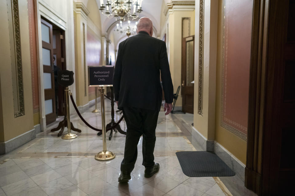 Sen. Patrick Leahy, D-Vt., the president pro temper of the Senate, walks to his hideaway office at the Capitol in Washington, Monday, Dec. 19, 2022. The U.S. Senate's longest-serving Democrat, Leahy is getting ready to step down after almost 48 years representing his state in the U.S. Senate.(AP Photo/J. Scott Applewhite)