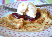 <b>Vanilla pancakes with raspberry jam and ice cream</b><br> Make your pancakes in the usual way, but trickle in half a teaspoon vanilla extract into the batter along with the milk and egg. Warm a couple of teaspoons of raspberry jam until runny and spoon a little over the cooked pancakes. Top with some vanilla ice cream. If you have any fresh raspberries, scatter these over the top too.