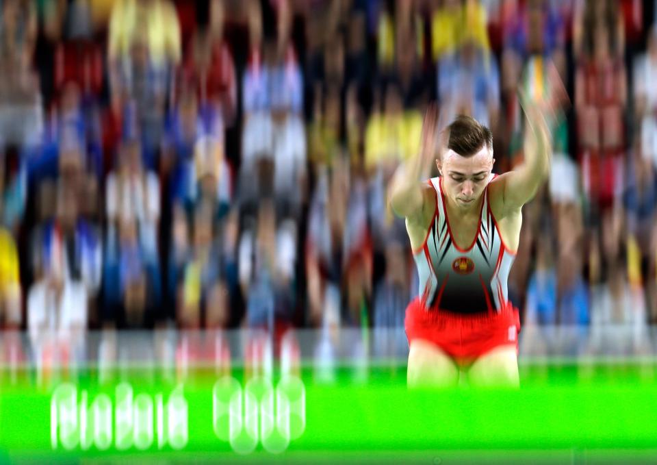 <p>Belarus’ Uladzislau Hancharou performs during the men’s trampoline final at the 2016 Summer Olympics in Rio de Janeiro, Brazil, Saturday, Aug. 13, 2016. (AP Photo/Dmitri Lovetsky) </p>