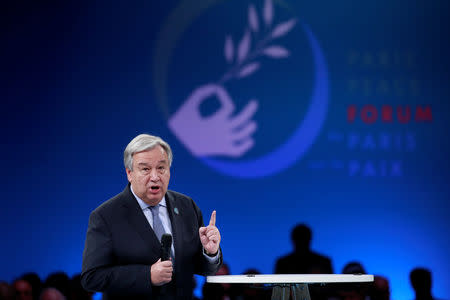 United Nations Secretary General Antonio Guterres attends the Paris Peace Forum as part of the commemoration ceremony for Armistice Day, 100 years after the end of the First World War, in Paris, France, November 11, 2018. REUTERS/Gonzalo Fuentes/Pool